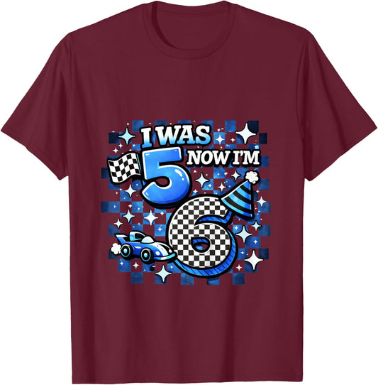 Blue Checkered I was 5 Now I'm 6 Funny Birthday Boy T-Shirt - T-Shirt | Maroon