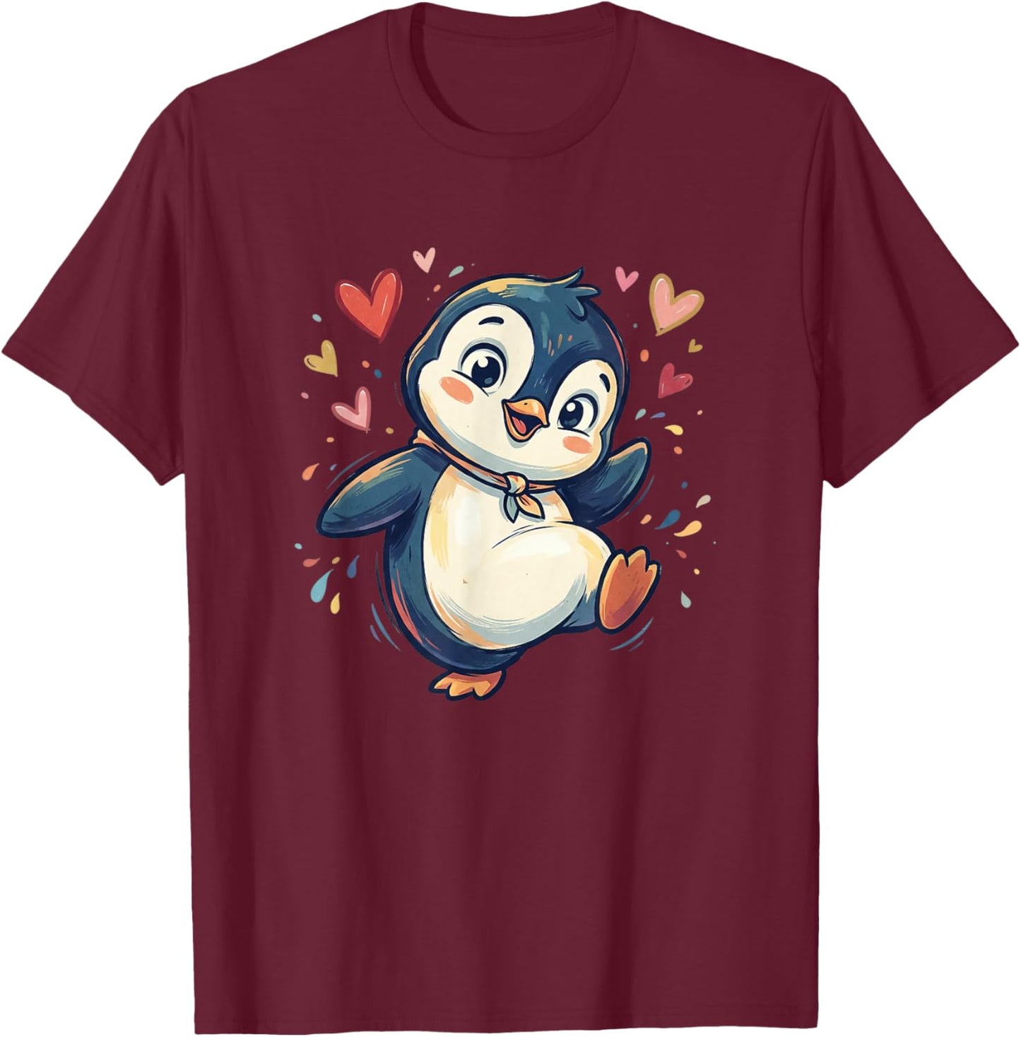 Valentines Day Happy Cute Penguin with Hearts T-Shirt - T-Shirt | Maroon