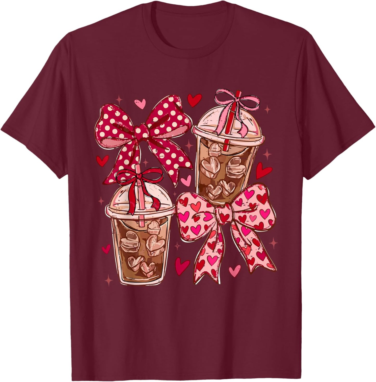 Coquette Bow Funny Valentine Iced Coffee Lover Hearts Pink T-Shirt - T-Shirt | Maroon