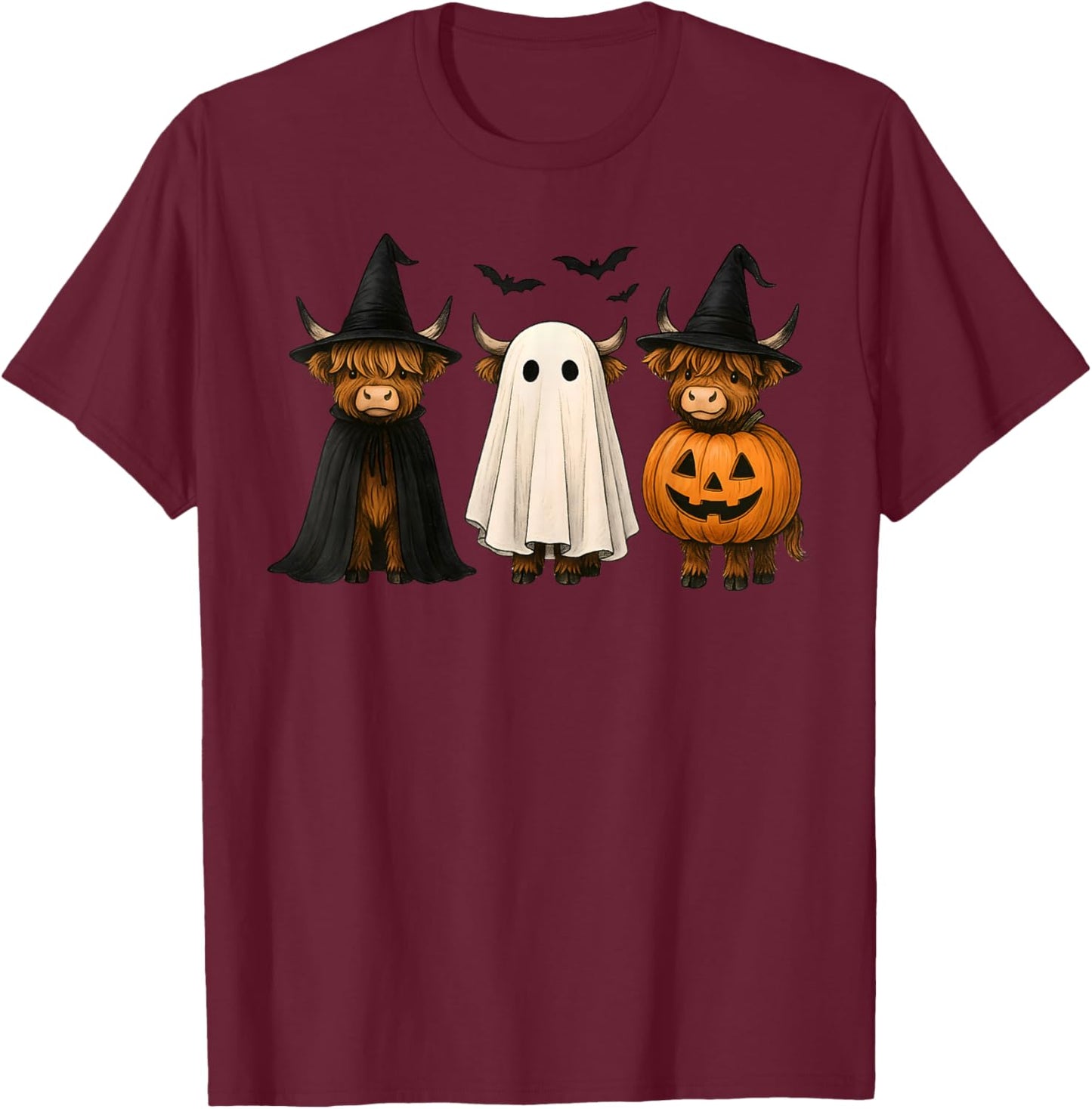 Funny Highland Cow with Spooky Halloween Costume Farmer T-Shirt - T-Shirt | Maroon