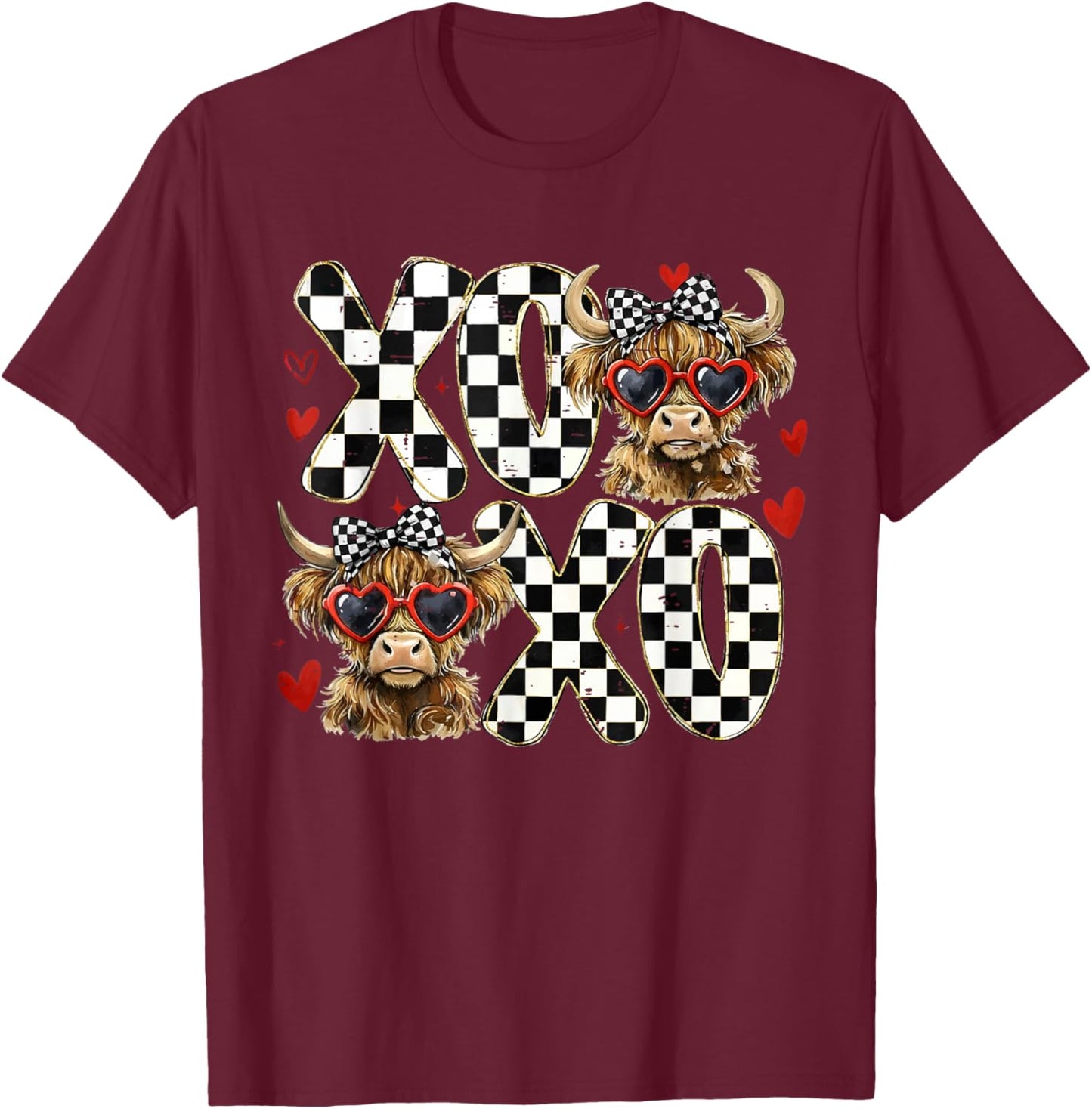 Retro Checkered Coquette Highland Cow XOXO Western Valentine T-Shirt - T-Shirt | Maroon