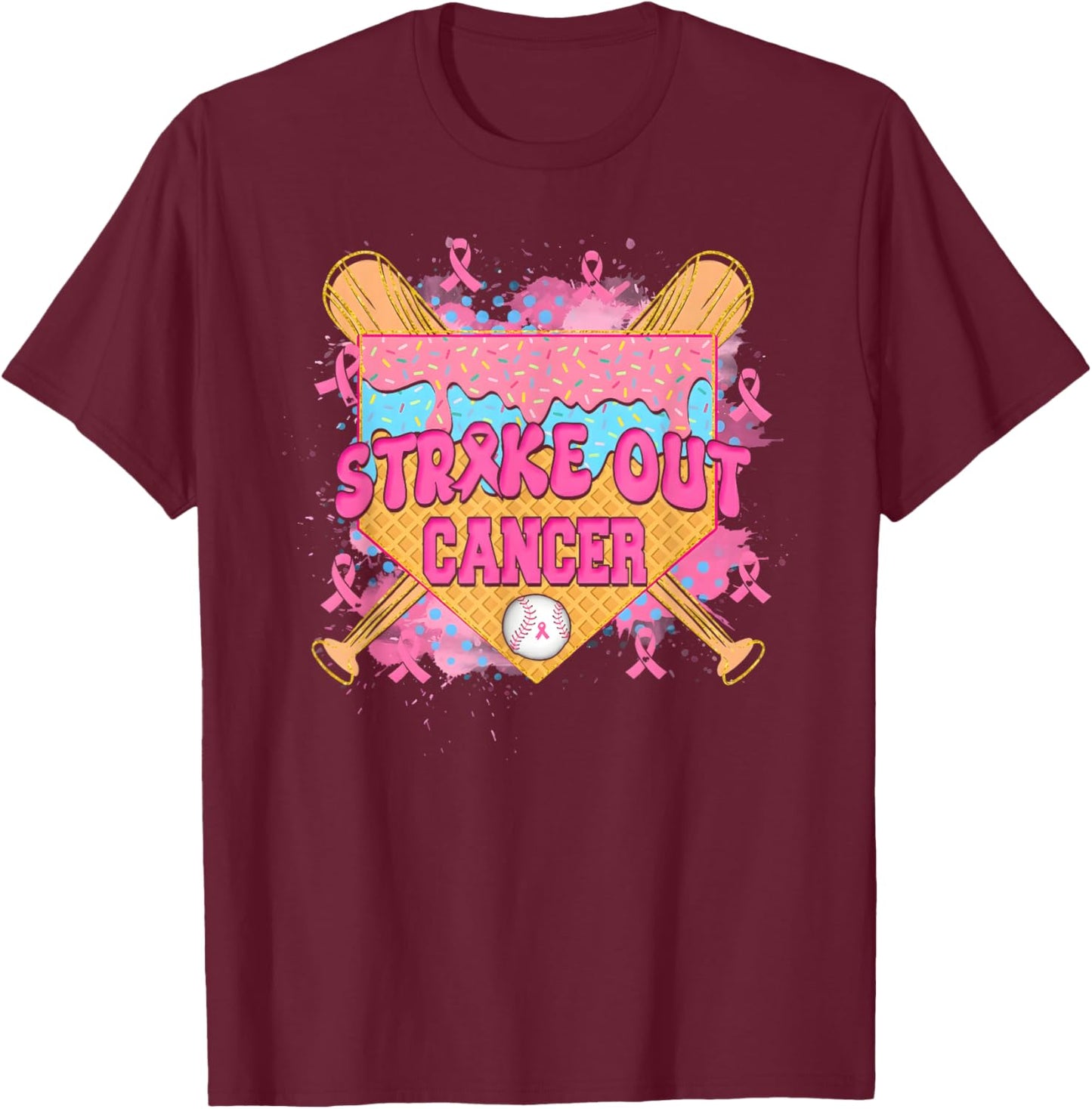 Strike Out Cancer Baseball Ice Cream Drip Breast Cancer T-Shirt - T-Shirt | Maroon