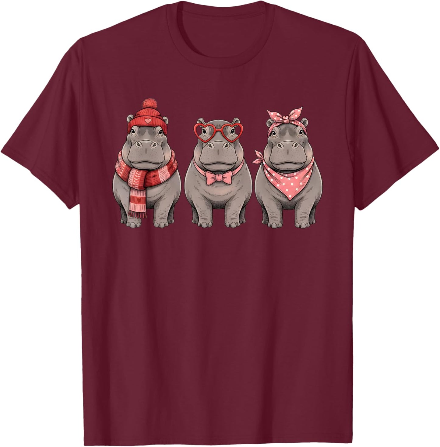 Retro Hippo Cute Valentine Safari Animal T-Shirt - T-Shirt | Maroon