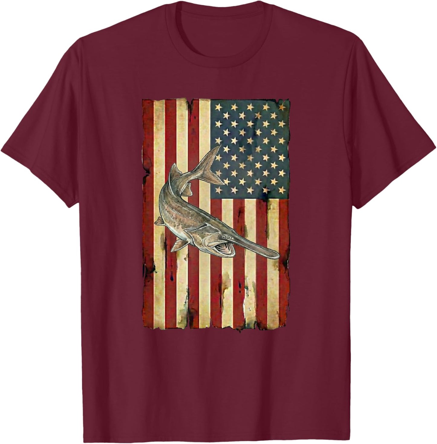 Paddlefish American Flag Patriotic Fishing USA Angler T-Shirt - T-Shirt | Maroon