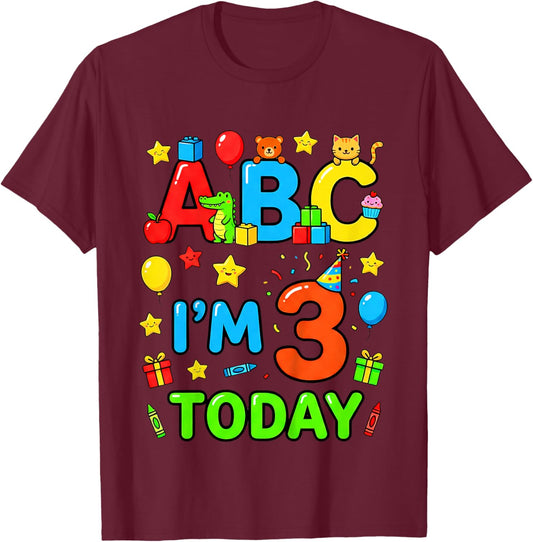 ABC I’m 3 Today 3rd Birthday Alphabet Toddler T-Shirt - T-Shirt | Maroon