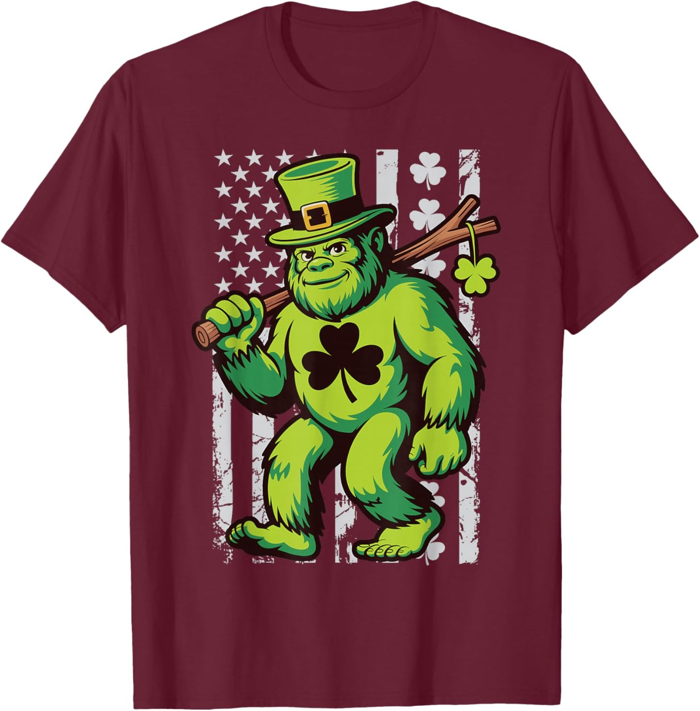 St Patricks Day Bigfoot American Flag USA Shamrocks Vintage T-Shirt - T-Shirt | Maroon