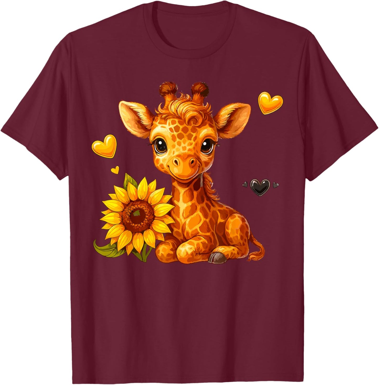 Cute Giraffe with Sunflower T-Shirt - T-Shirt | Maroon