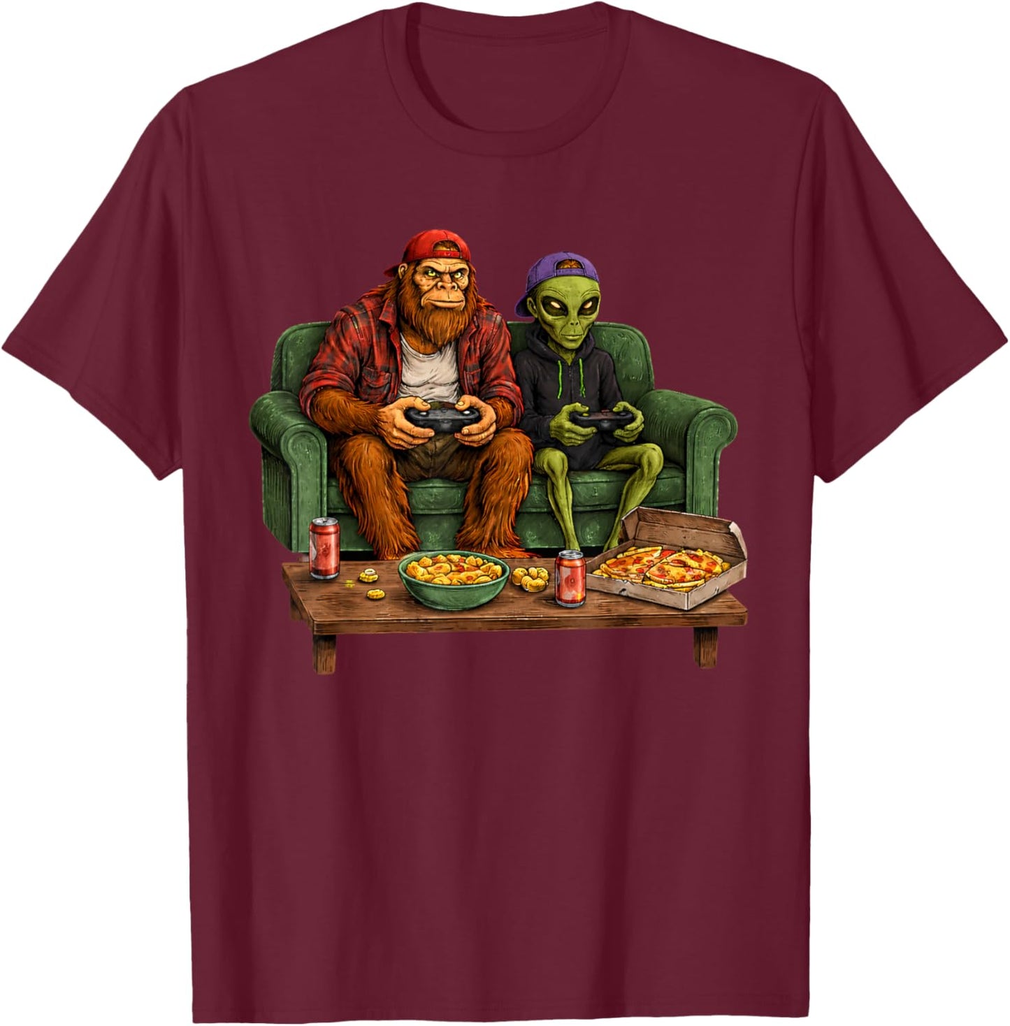 Bigfoot Alien Video Games Men Boys Gaming Sasquatch T-Shirt - T-Shirt | Maroon