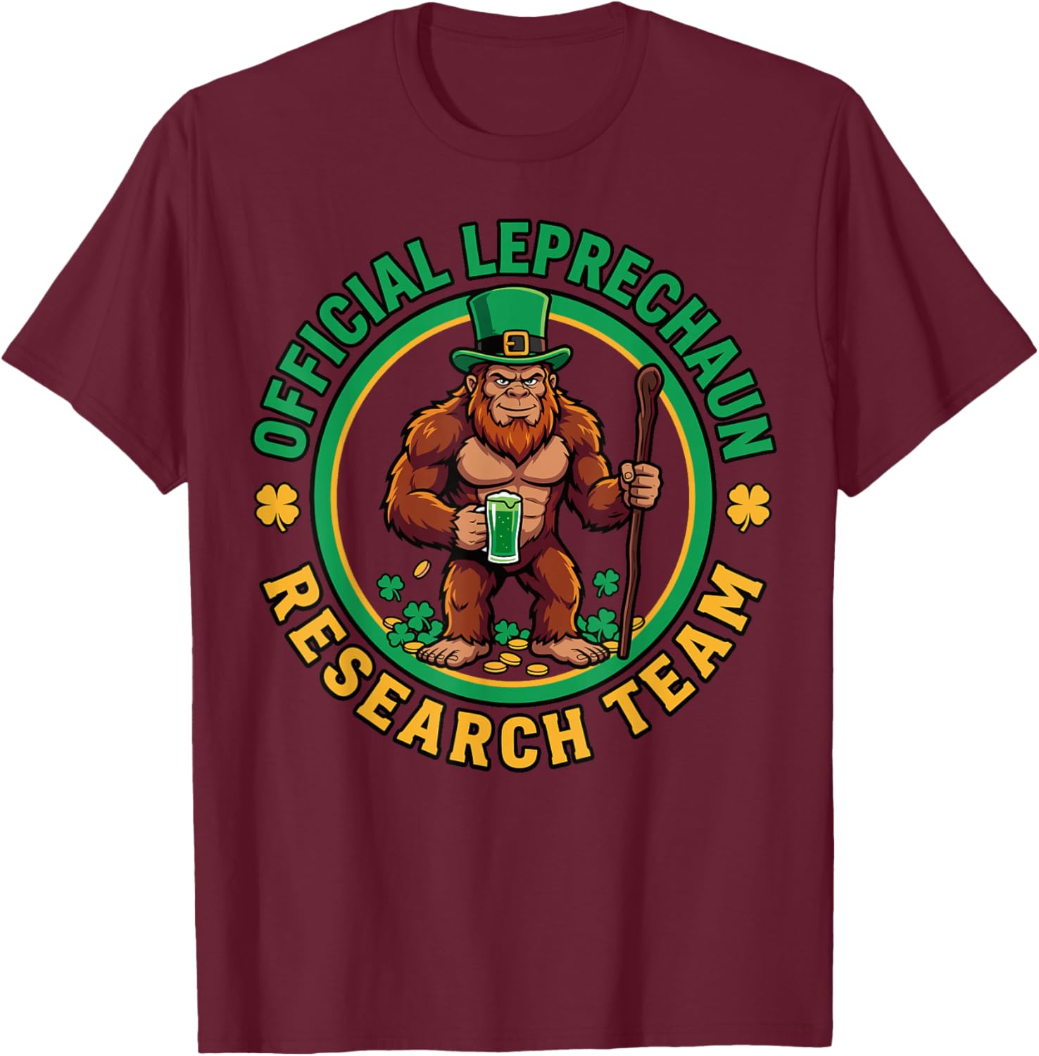 Official Leprechaun Research Team Bigfoot St Patricks Day T-Shirt - T-Shirt | Maroon