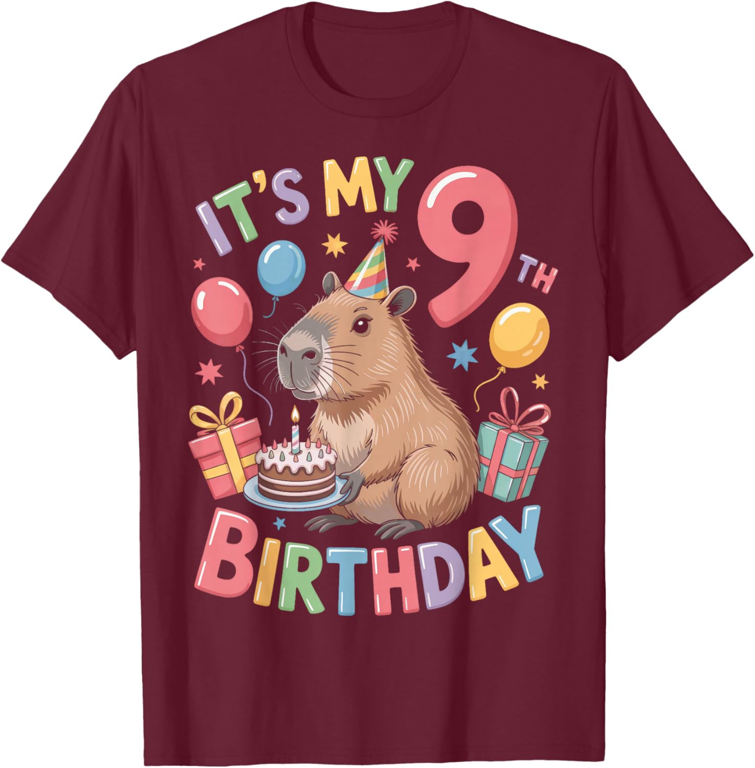 Adorable Capybara Animal It's My 9th Birthday Kids T-Shirt - T-Shirt | Maroon