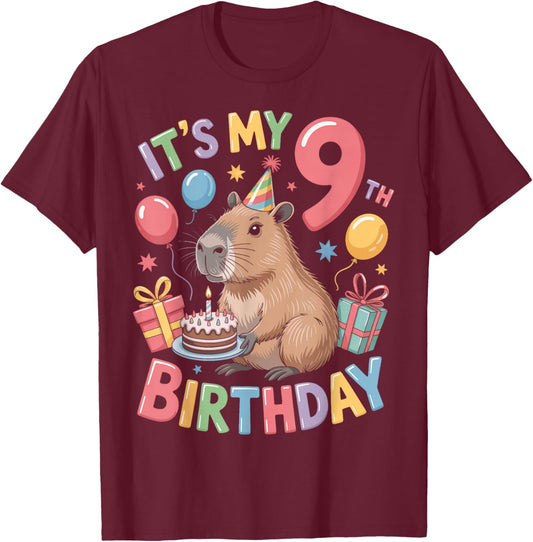 Adorable Capybara Animal It's My 9th Birthday Kids T-Shirt - T-Shirt | Maroon