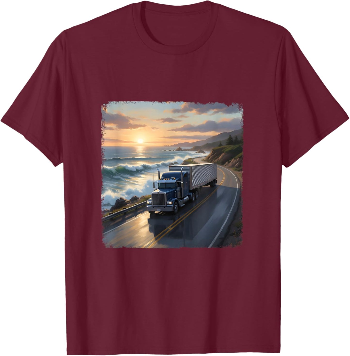 Coastline Sunrise Trucker Truck Driver Truck Lover Highway T-Shirt - T-Shirt | Maroon