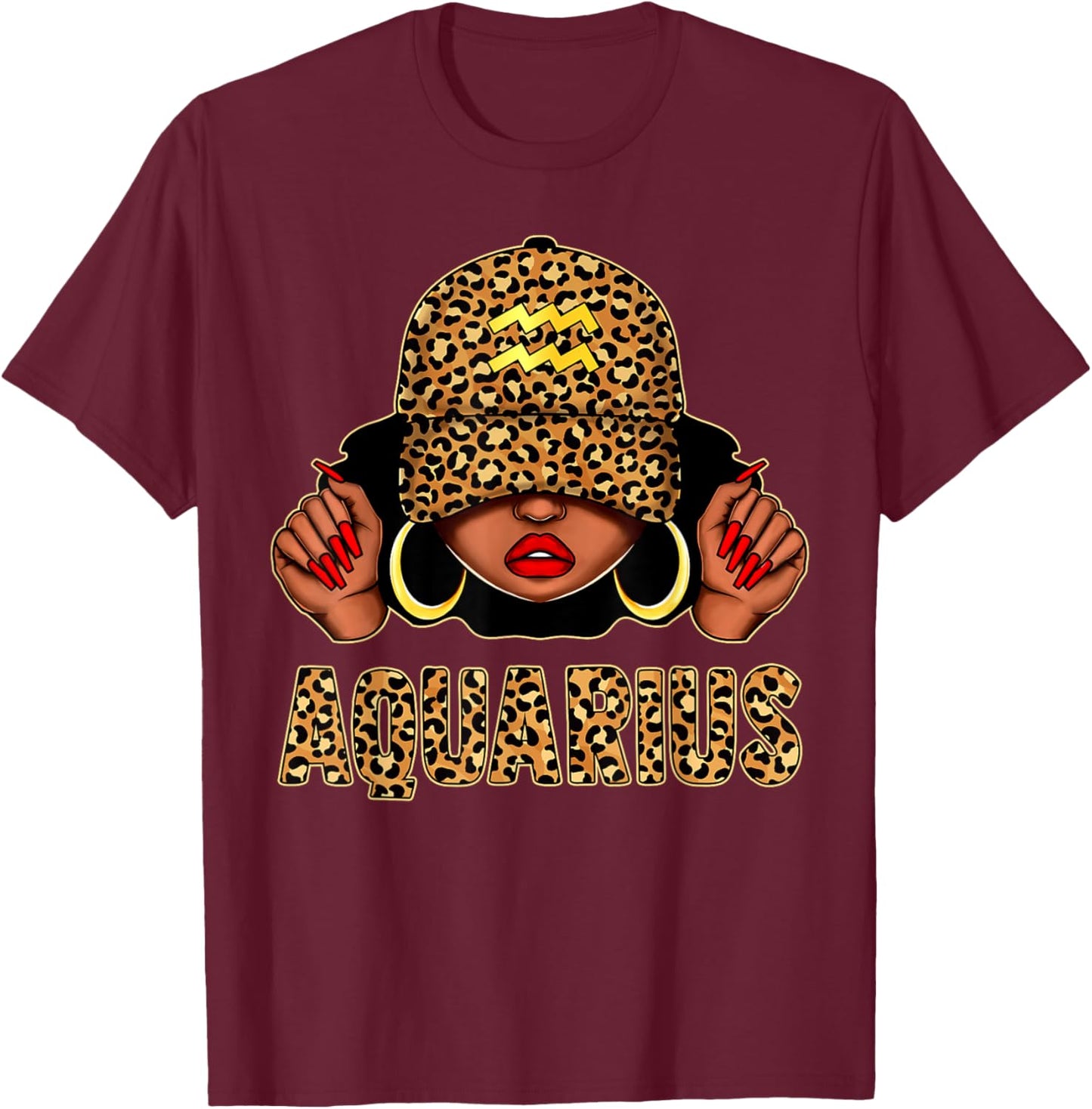 Aquarius Black Woman Leopard Cap Hat Zodiac Sign Birthday T-Shirt - T-Shirt | Maroon