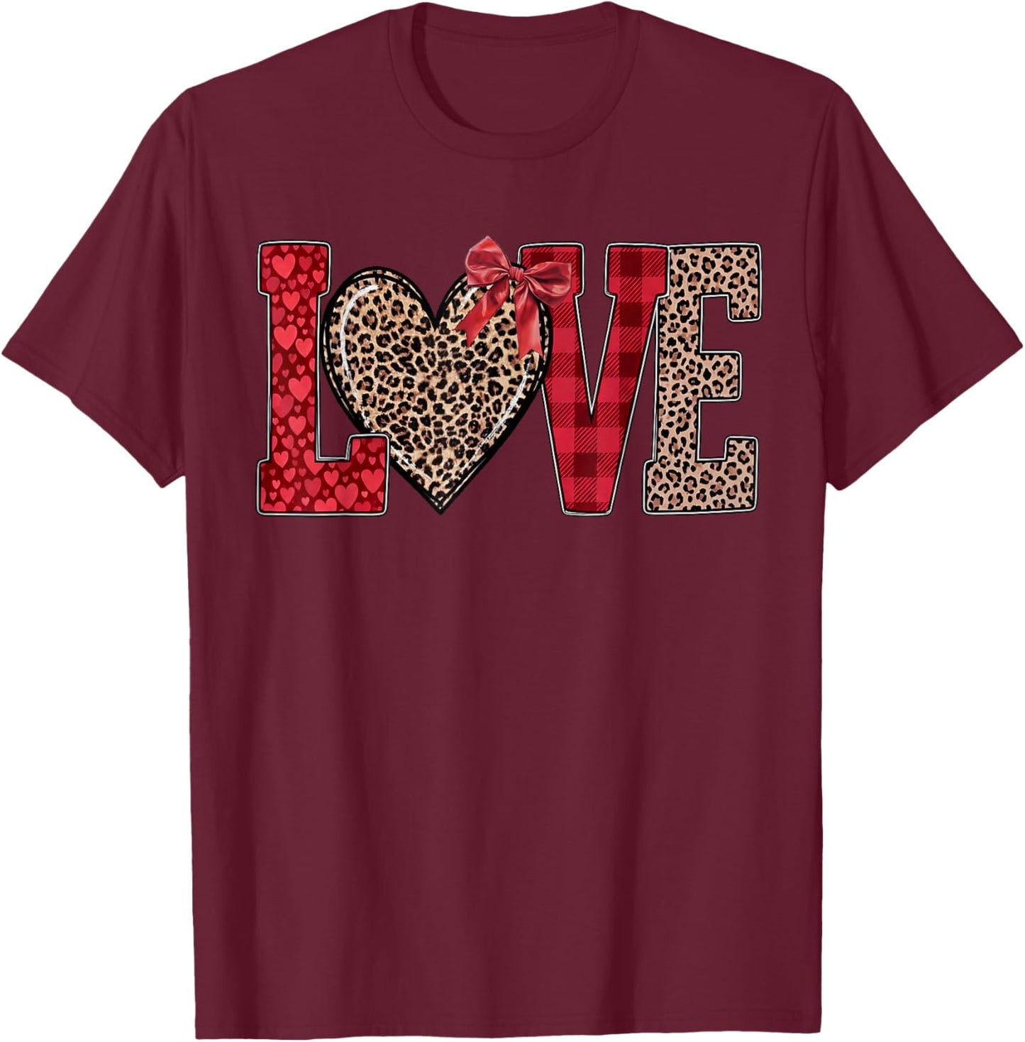 Valentines Day Hearts Leopard Coquette Bow Women Girls Boys T-Shirt - T-Shirt | Maroon