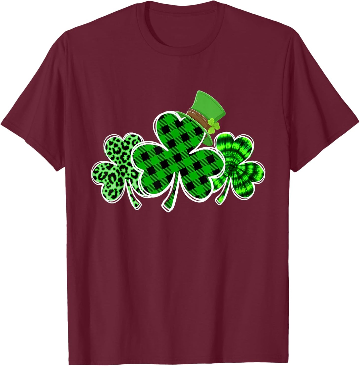 Cute Shamrock Plaid Leopard St Patricks Outfit Women Girl T-Shirt - T-Shirt | Maroon