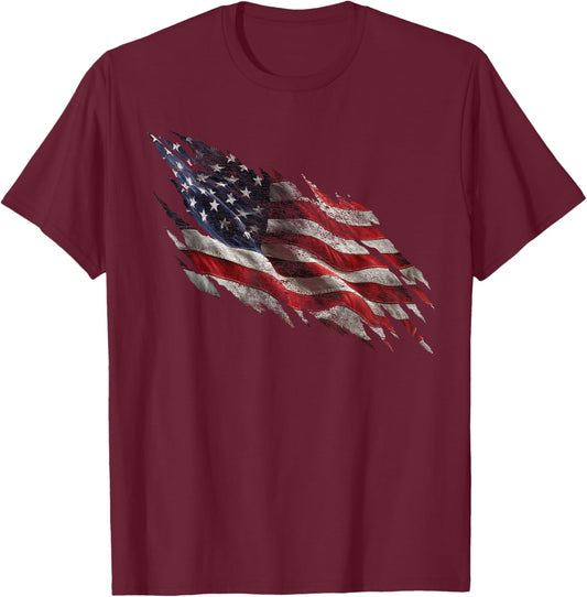 Distressed Tattered American Flag T-Shirt - T-Shirt | Maroon