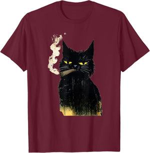 Funny Adult Vintage Black Cat Smoking Blunt Weed Art Paint T-Shirt - T-Shirt | Maroon