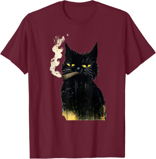 Funny Adult Vintage Black Cat Smoking Blunt Weed Art Paint T-Shirt - T-Shirt | Maroon