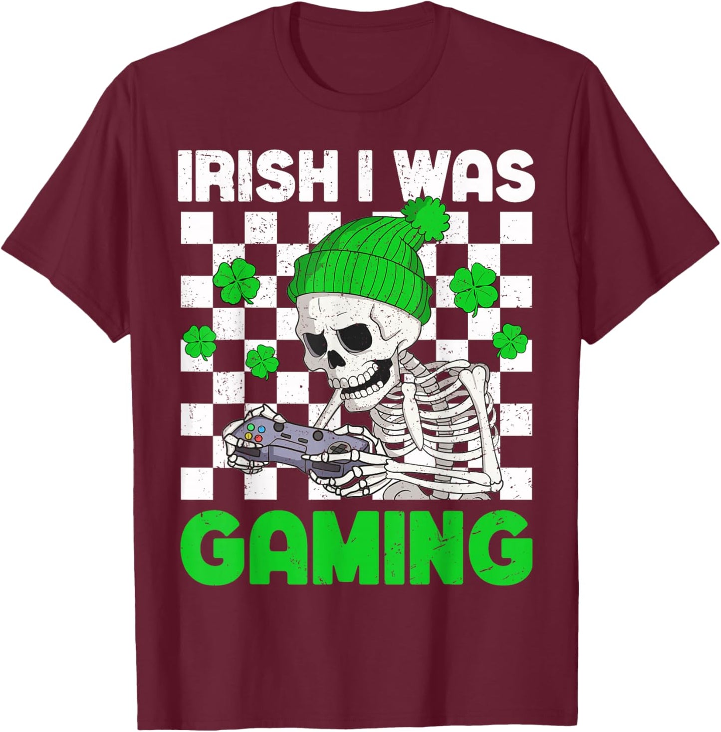 Irish I was Gaming Boys St Patricks Day Skeleton Gamer T-Shirt - T-Shirt | Maroon