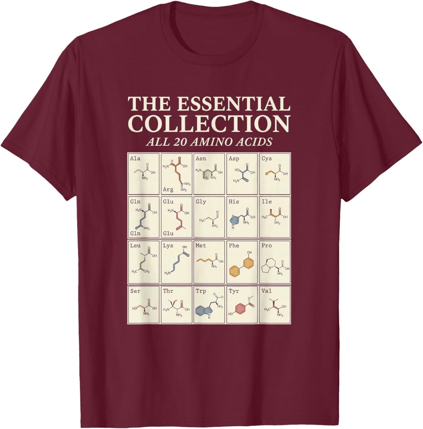 20 Amino Acids, Biochem Art T-Shirt - T-Shirt | Maroon