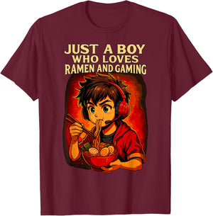 Just a Boy Who Loves Ramen and Gaming T-Shirt - T-Shirt | Maroon