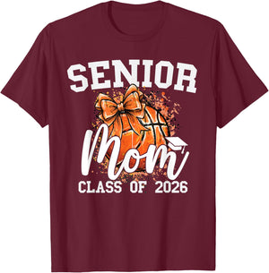 Senior Mom Class of 2026 Coquette Bow Basketball Graduation T-Shirt - T-Shirt | Maroon
