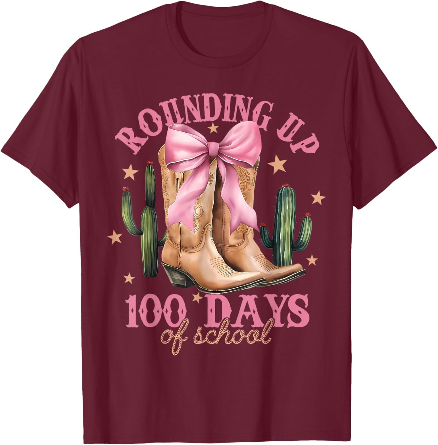 Funny Rounding Up 100 Days of School Pink Coquette Cowgirl T-Shirt - T-Shirt | Maroon