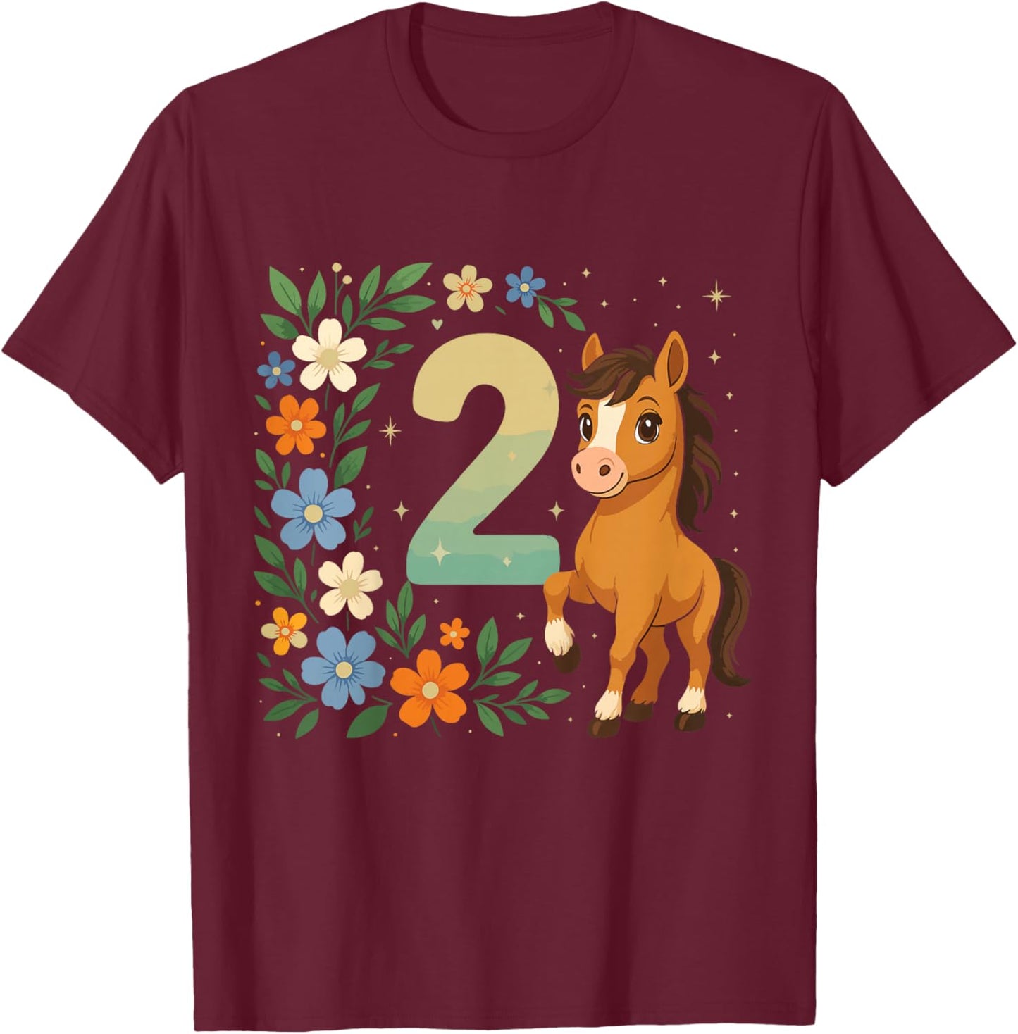 2nd Birthday Girl Pony Horse Flowers 2 Years Old T-Shirt - T-Shirt | Maroon