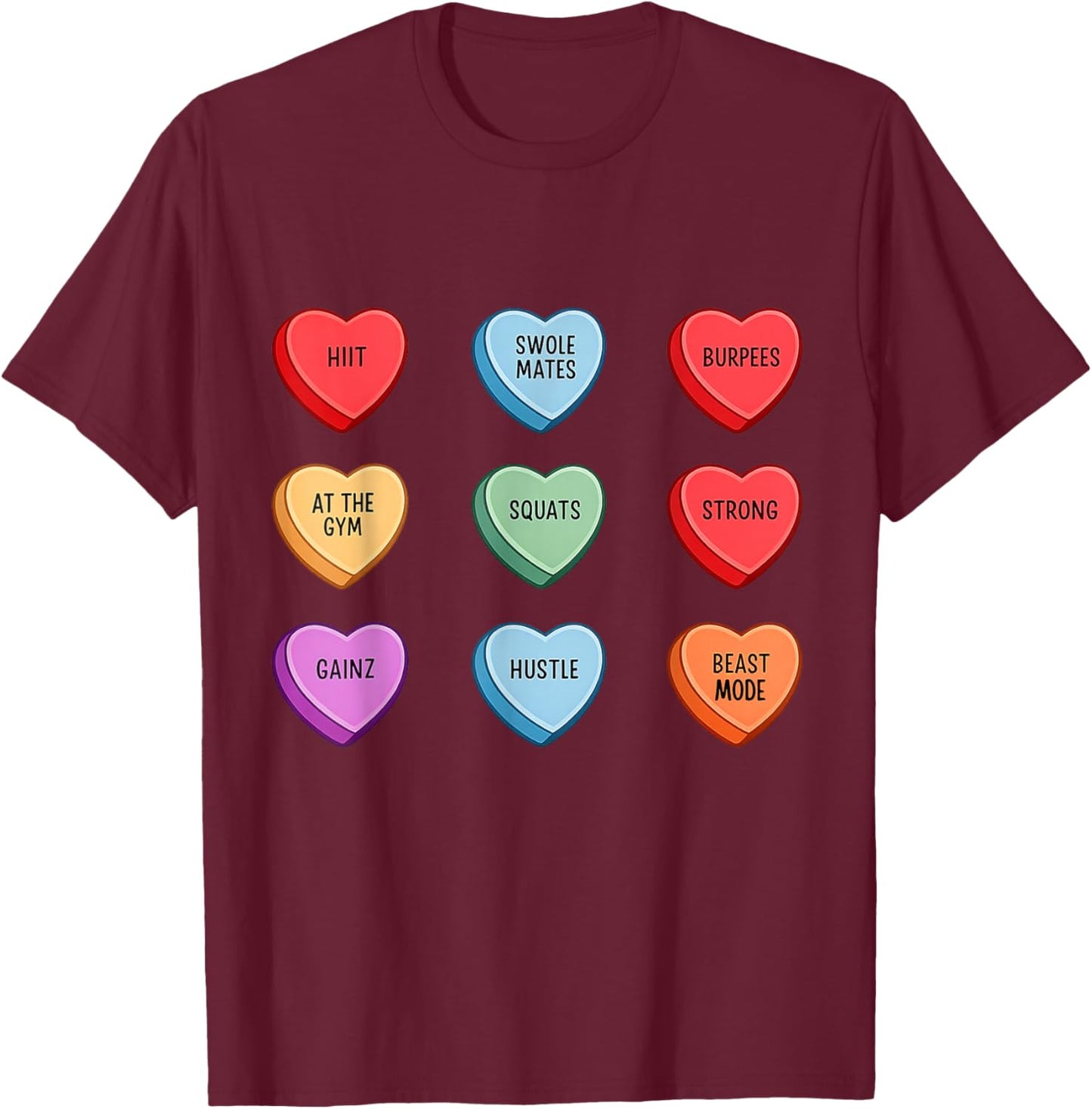 Gym Workout Candy Heart Valentines Day Fitness Weightlifting T-Shirt - T-Shirt | Maroon