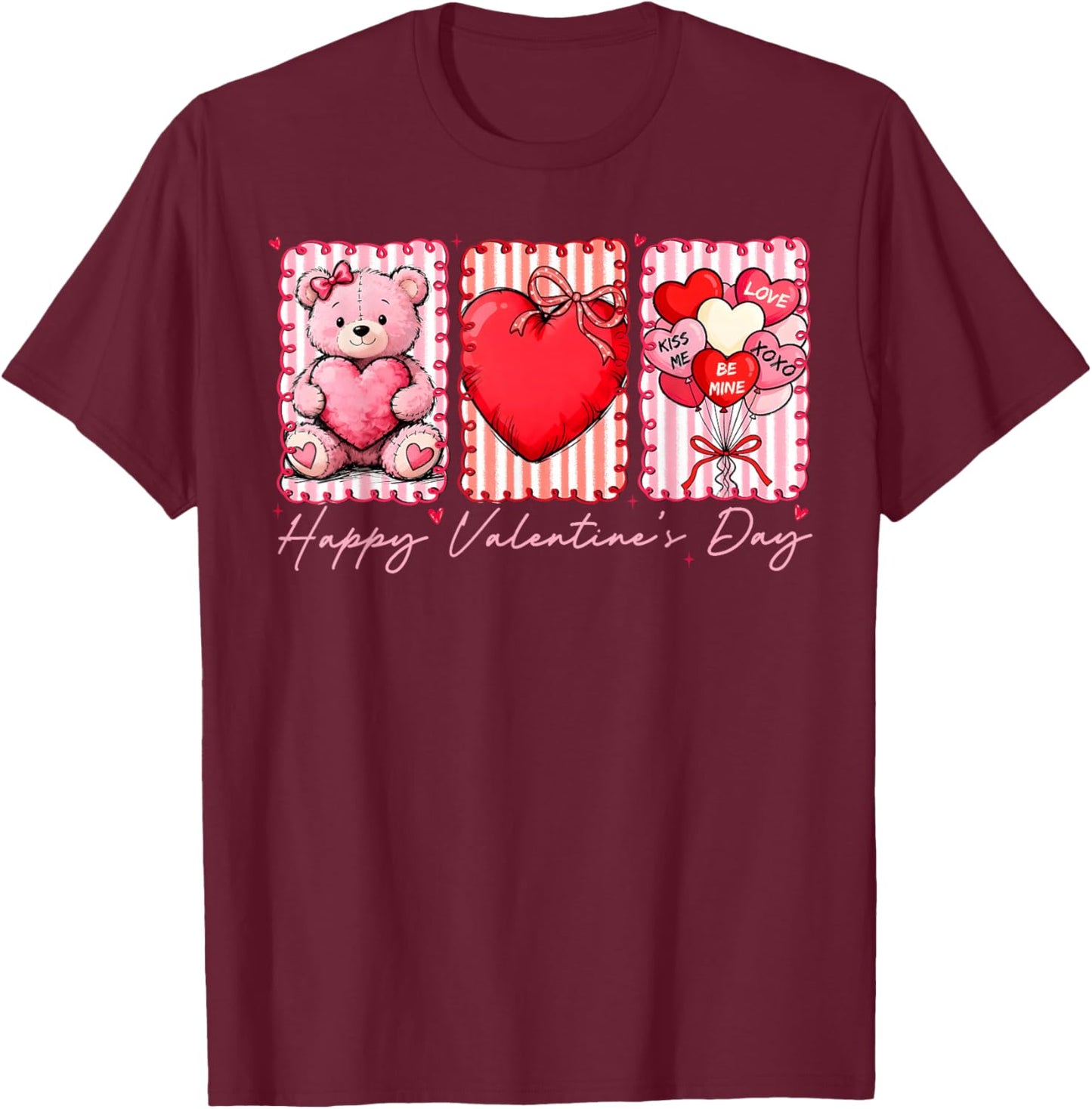 Preppy Happy Valentine Bear Heart Balloon XOXO T-Shirt - T-Shirt | Maroon