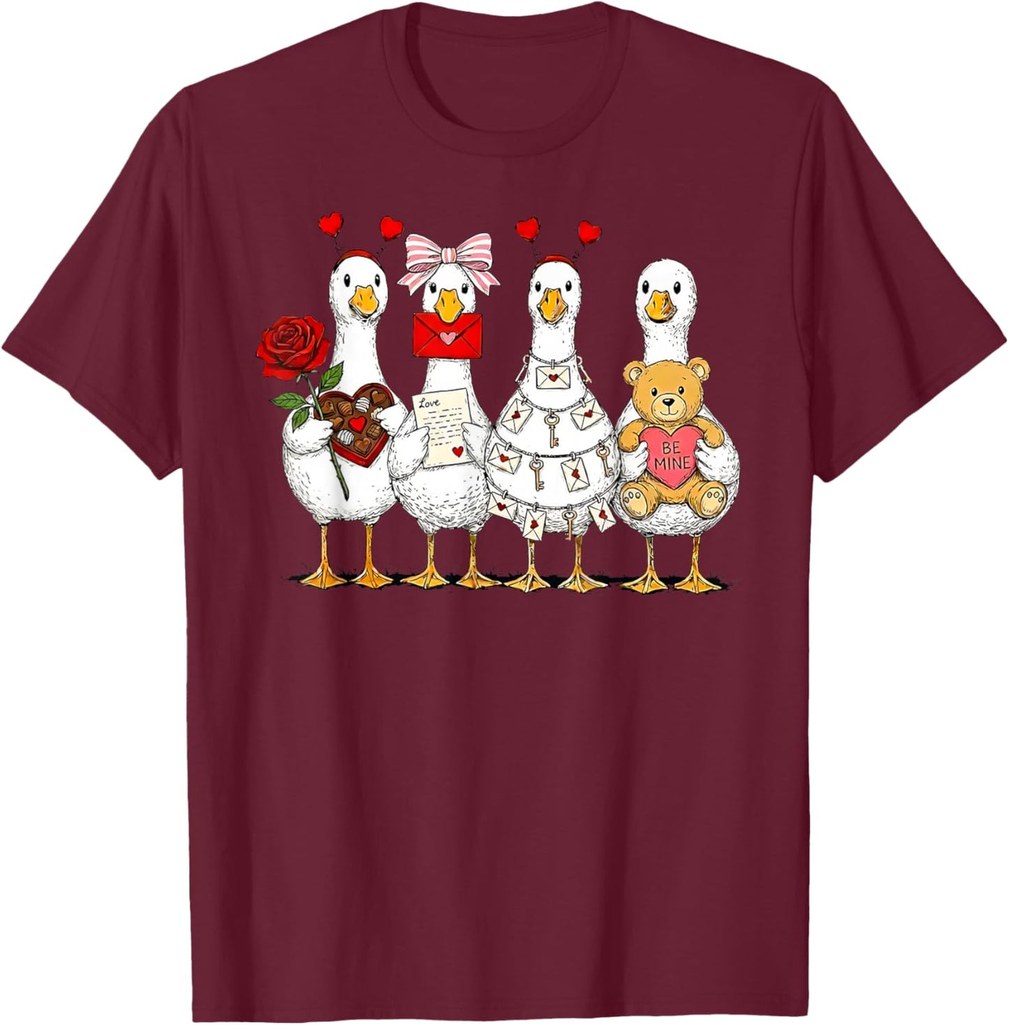 Pink Coquette Funny Silly Goose Valentines Cute XOXO Be Mine T-Shirt - T-Shirt | Maroon