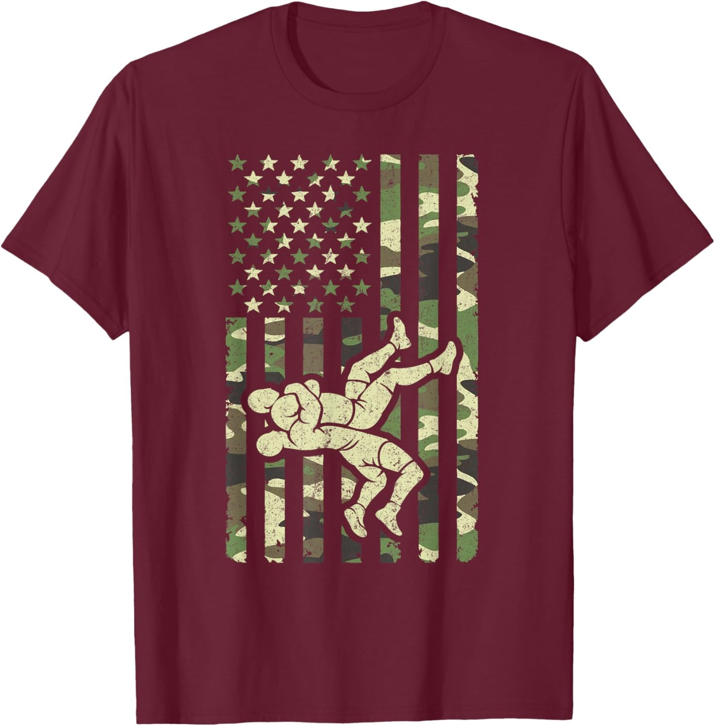 Vintage Wrestling Camo USA American Flag Patriotic Wrestler T-Shirt - T-Shirt | Maroon