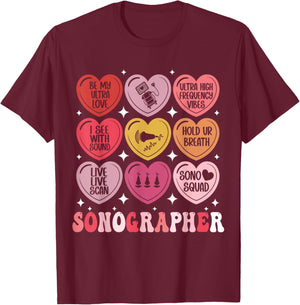 Sonographer Valentine's Day Ultrasound Tech Heart Sonography T-Shirt - T-Shirt | Maroon