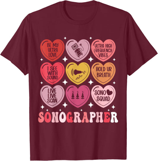 Sonographer Valentine's Day Ultrasound Tech Heart Sonography T-Shirt - T-Shirt | Maroon