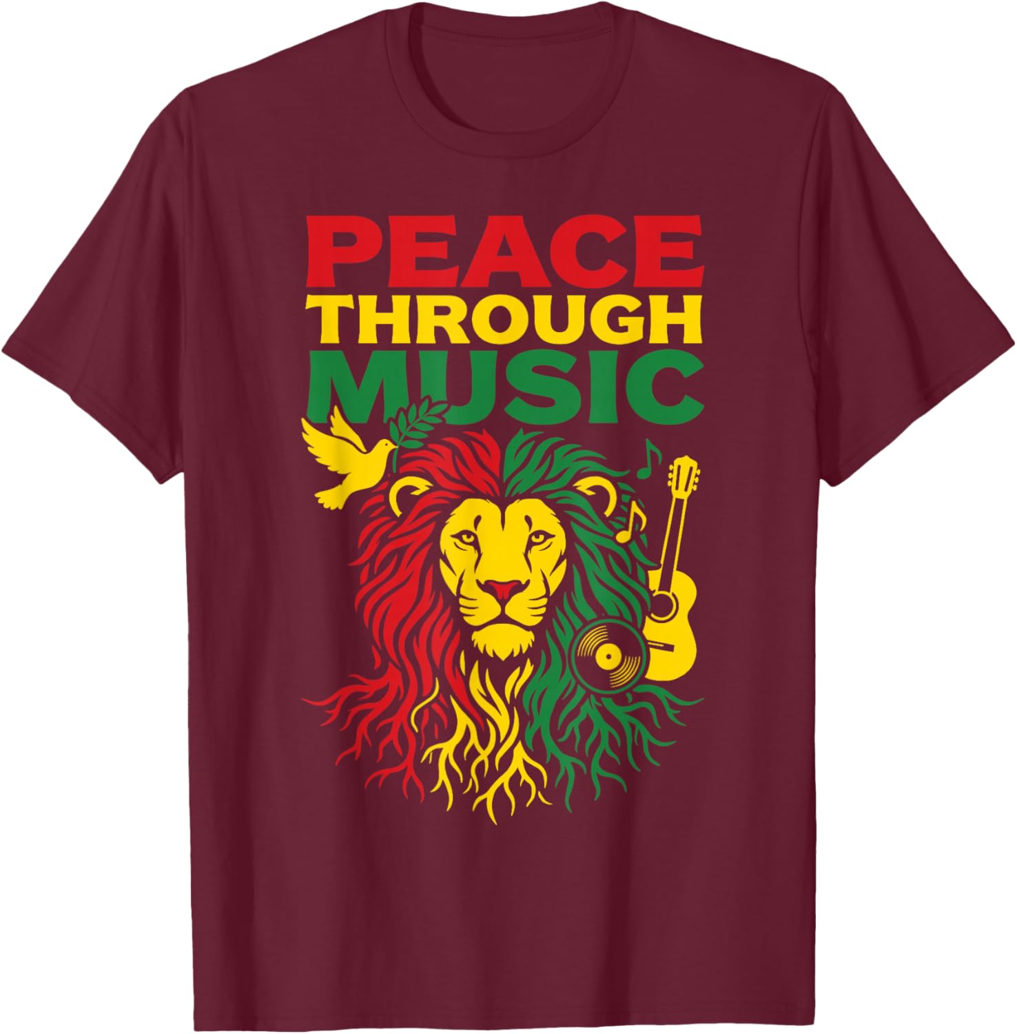 Peace Through Music Reggae Lion Rastafari Vibes Art Design T-Shirt - T-Shirt | Maroon