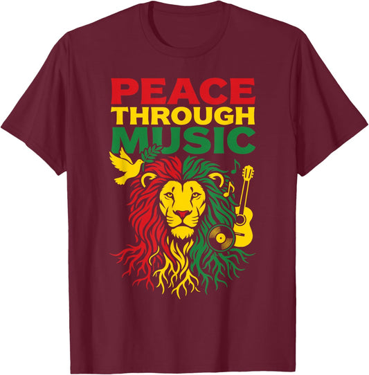 Peace Through Music Reggae Lion Rastafari Vibes Art Design T-Shirt - T-Shirt | Maroon