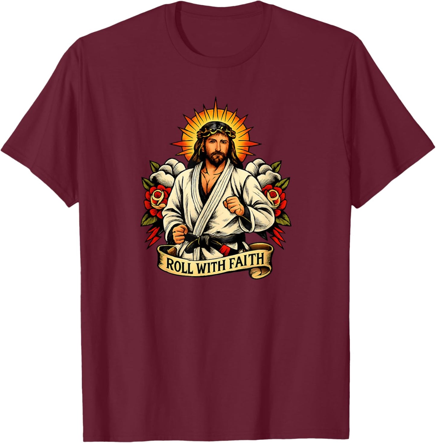 Roll with Faith Jesus Jiu Jitsu Cat BJJ MMA Christian T-Shirt - T-Shirt | Maroon