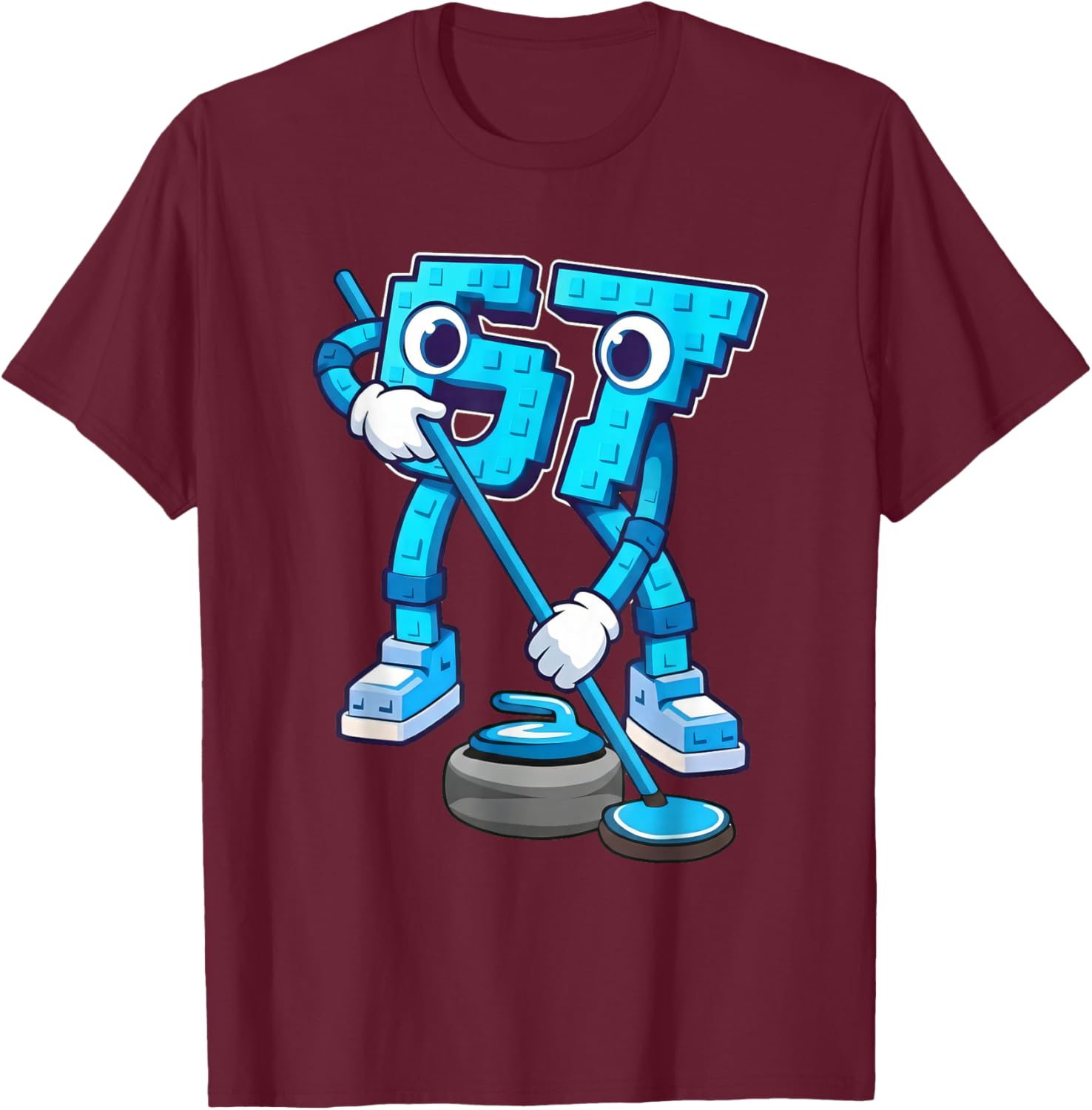 Curling Six Seven Meme Funny 6 7 Sports Game Cartoon T-Shirt - T-Shirt | Maroon