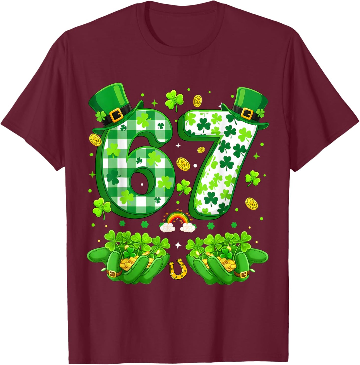 Funny Six Seven 67 Meme Shamrocks St Patrick's Day 6-7 Kids T-Shirt - T-Shirt | Maroon