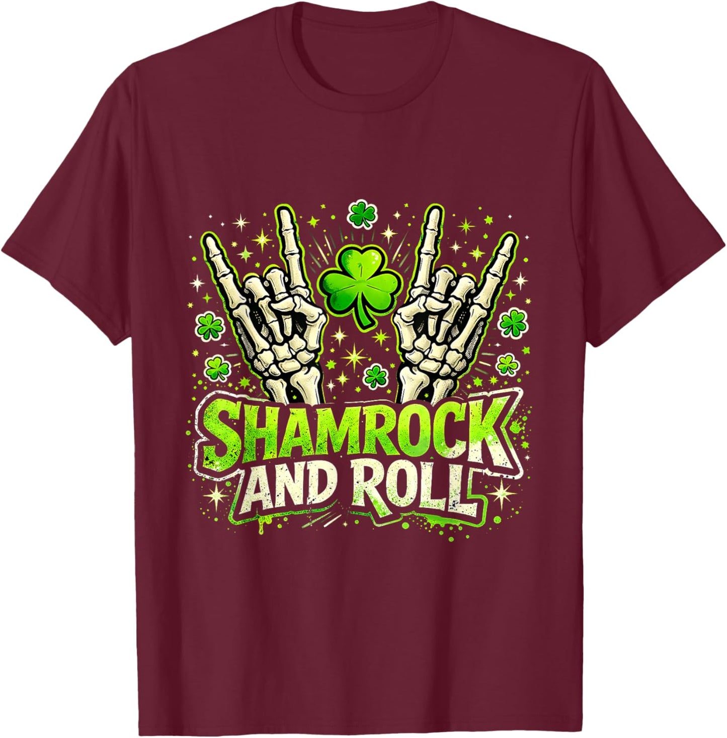 Shamrock and Roll St Patrick Day Rock Vibes T-Shirt - T-Shirt | Maroon