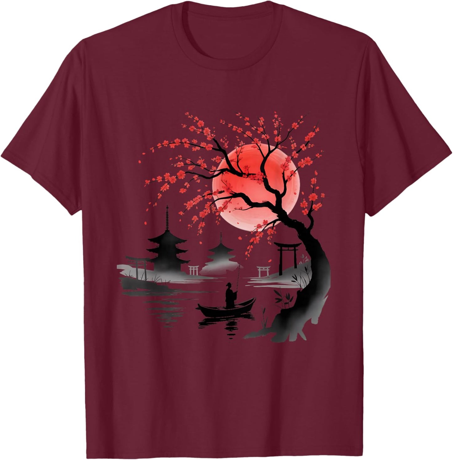 Beautiful Japanese Art Cherry Blossom Sakura Japan Graphic T-Shirt - T-Shirt | Maroon