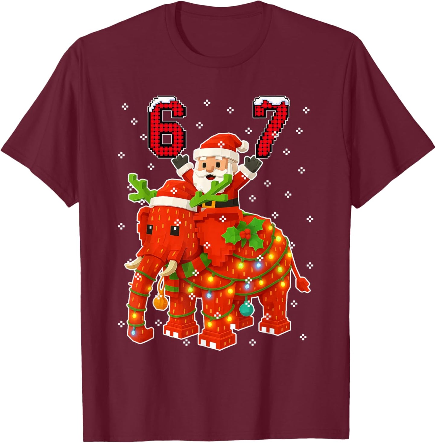 Funny 67 Meme Xmas Santa Riding Strawberry Elephant Brainrot T-Shirt - T-Shirt | Maroon