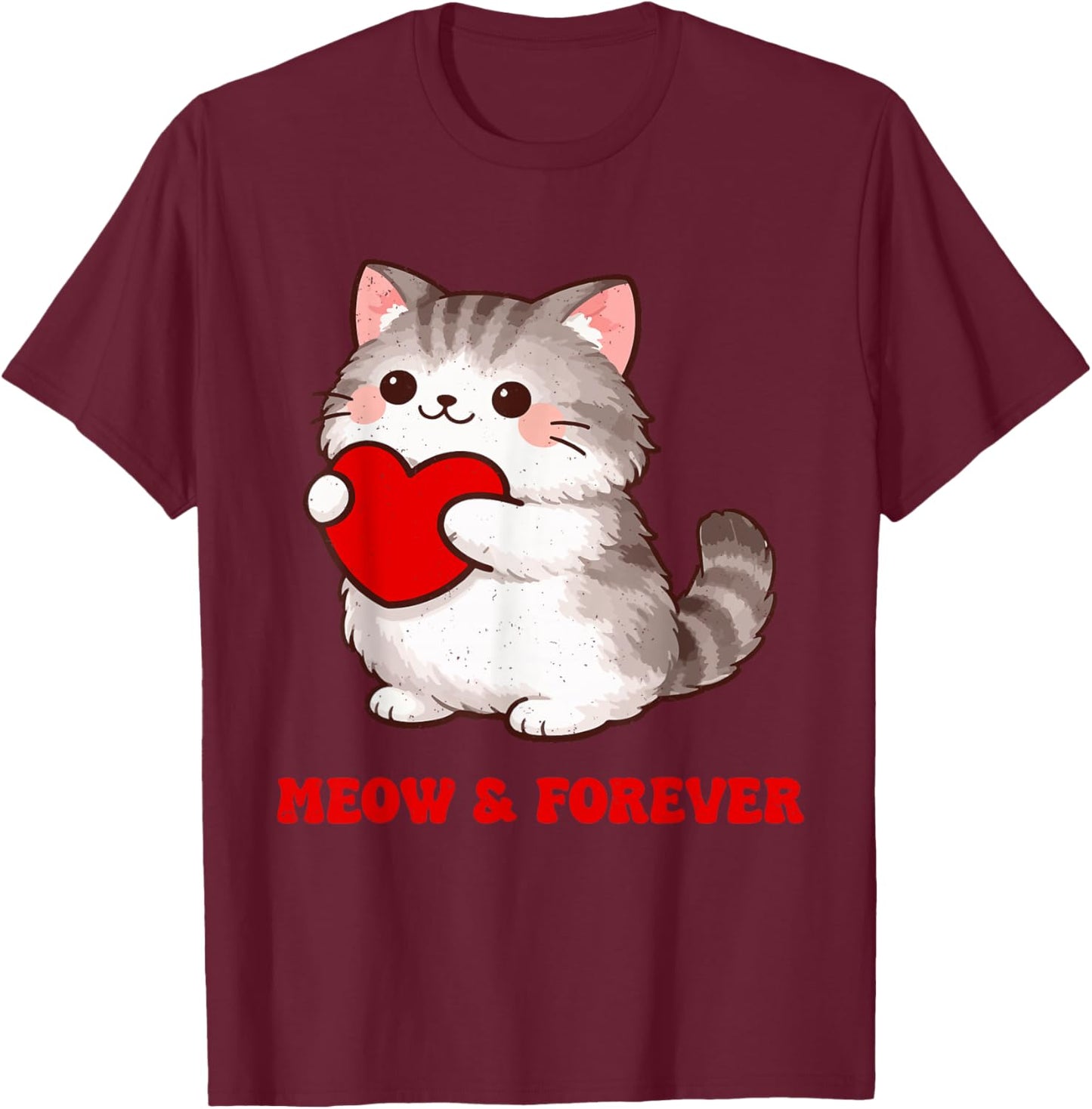 Valentines Day Meow & Forever Cat Lover Matching Design T-Shirt - T-Shirt | Maroon
