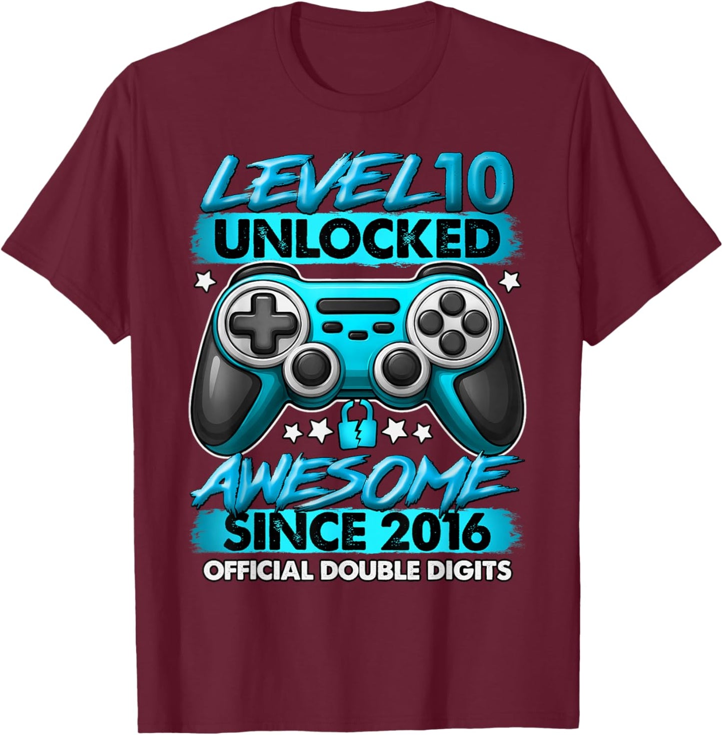 Official Double Digits Level 10 Unlocked 10th Birthday Boy T-Shirt - T-Shirt | Maroon