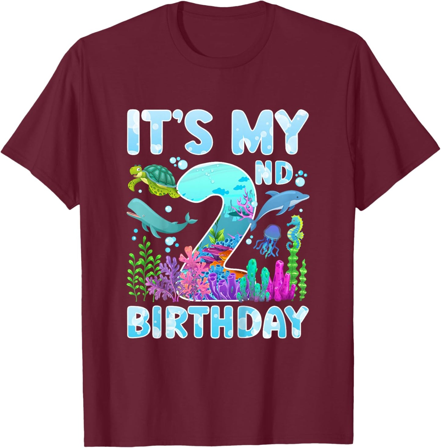 2nd Ocean Birthday Party Two Year Old Sea Animals T-Shirt - T-Shirt | Maroon