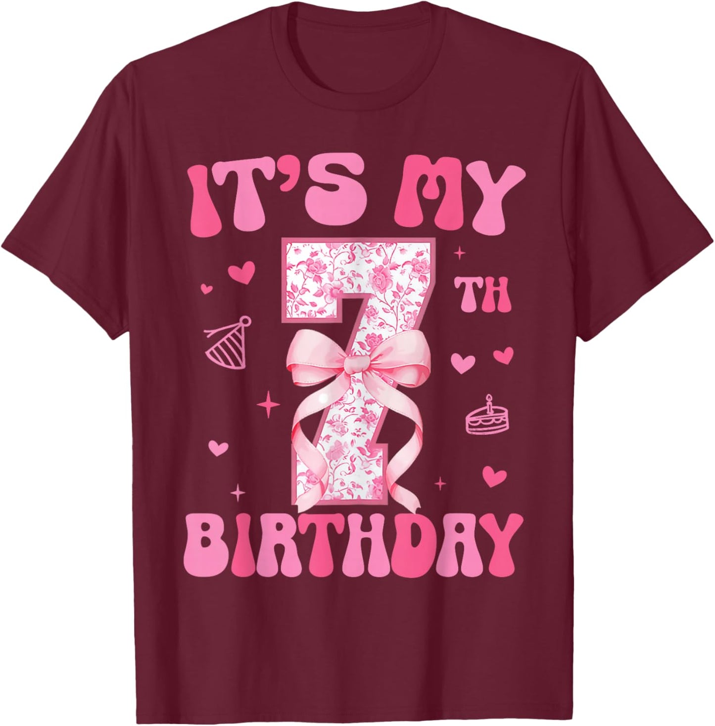 Its My 7th Birthday Girl Coquette Bow 7 Year Old Party Girl T-Shirt - T-Shirt | Maroon