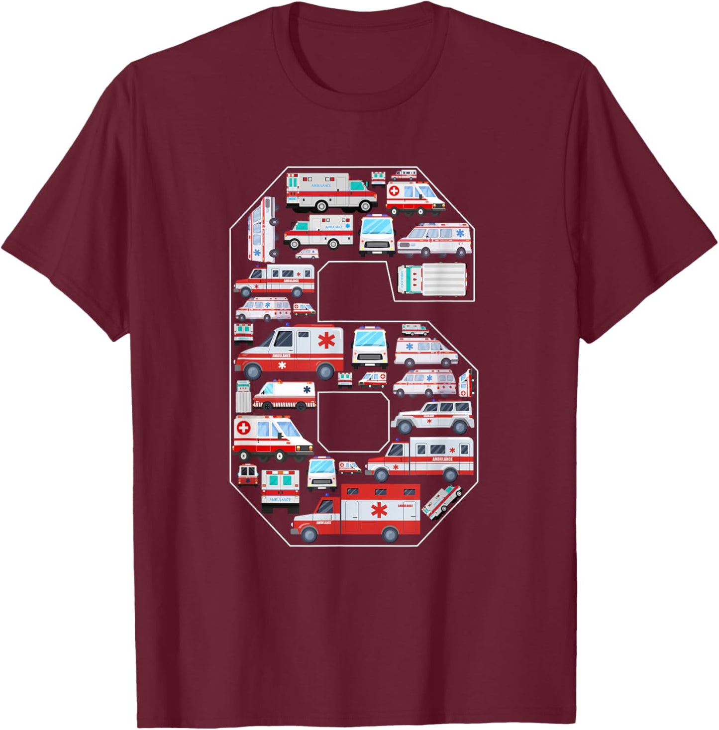 6 Years Old Kids 6th Birthday Ambulance Themed Party T-Shirt - T-Shirt | Maroon
