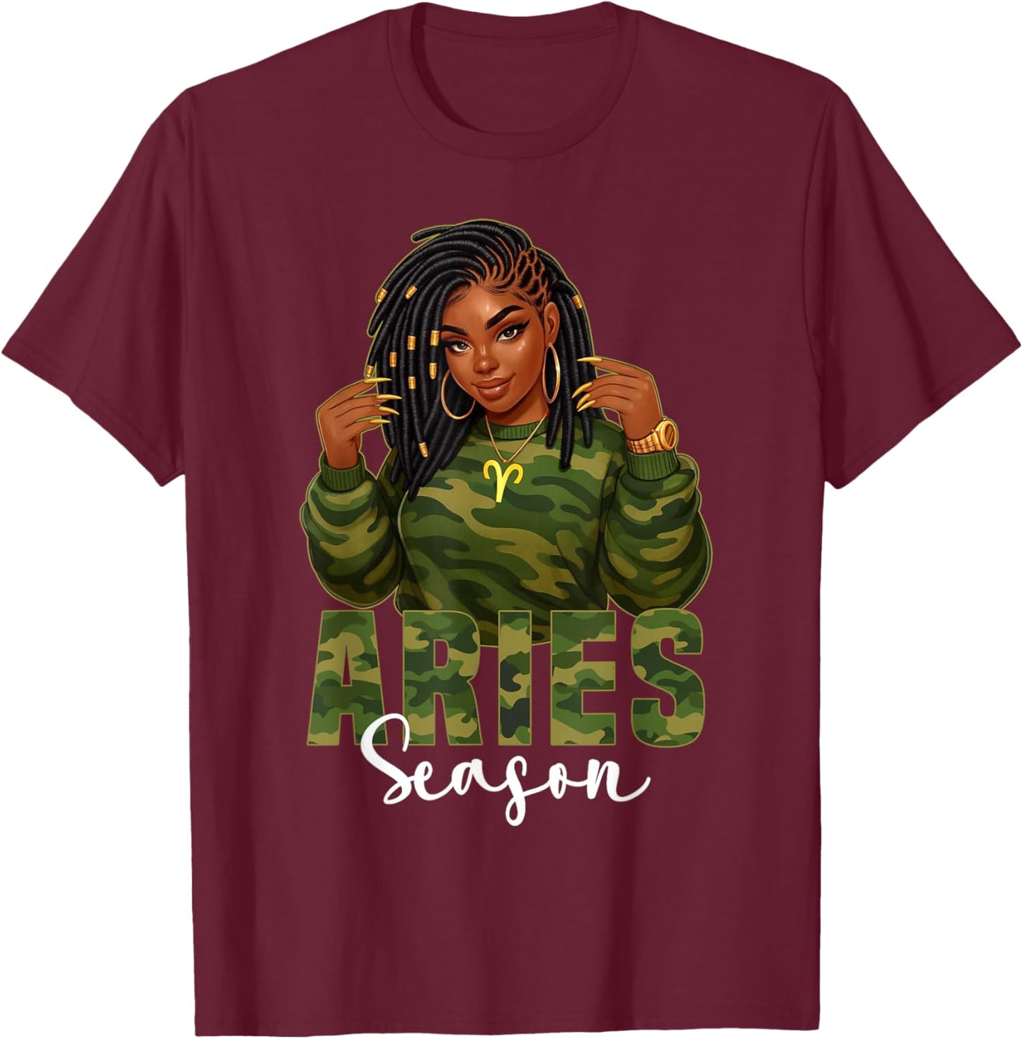 Aries Season Loc'd Black Woman Camo Zodiac Sign T-Shirt - T-Shirt | Maroon