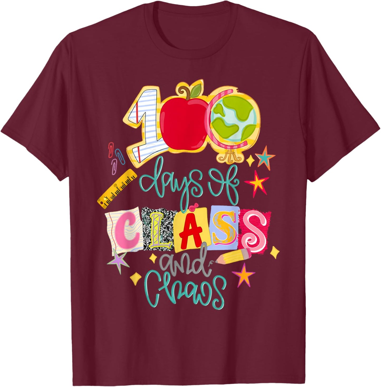 Funny 100 Days of Class and Chaos Teacher 100 Days of School T-Shirt - T-Shirt | Maroon