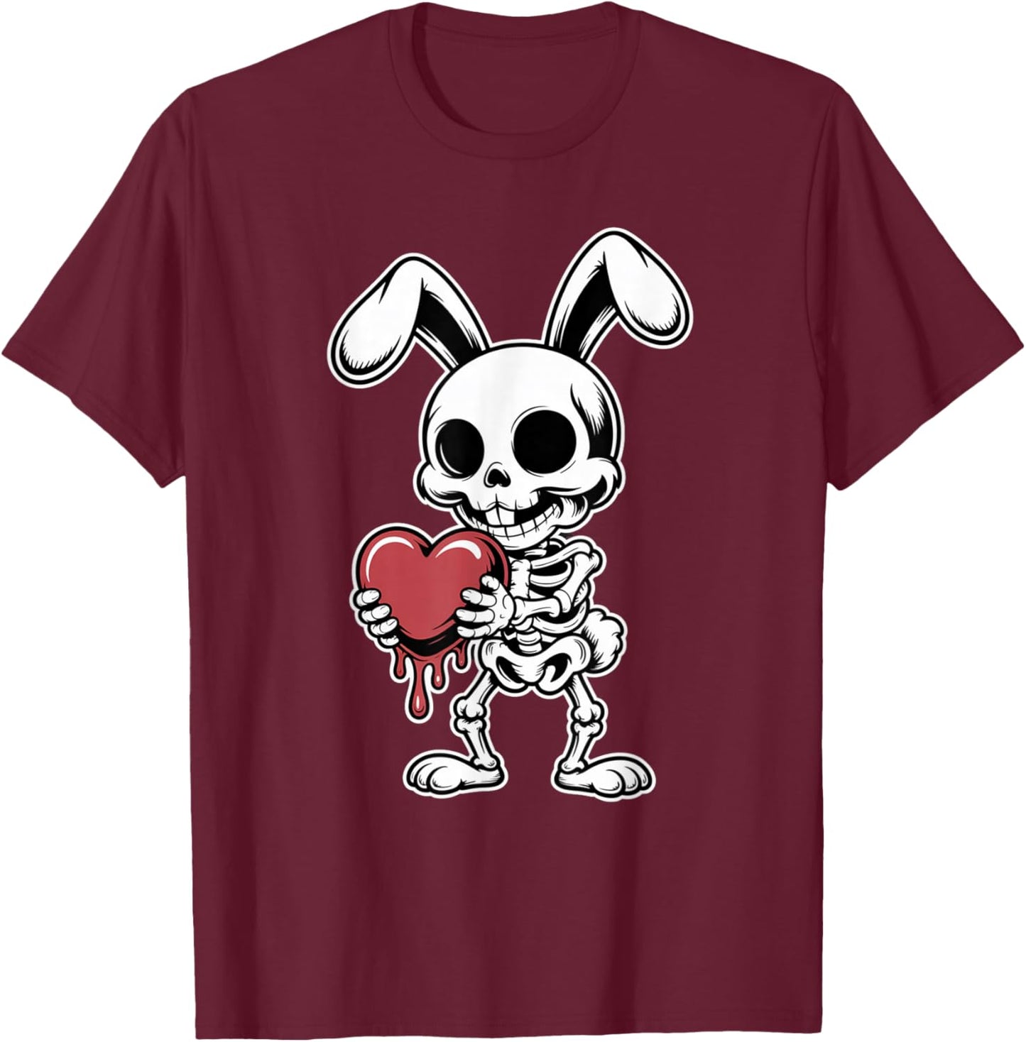 Bunny Rabbit Skeleton Holding Melting Heart Goth Valentine T-Shirt - T-Shirt | Maroon